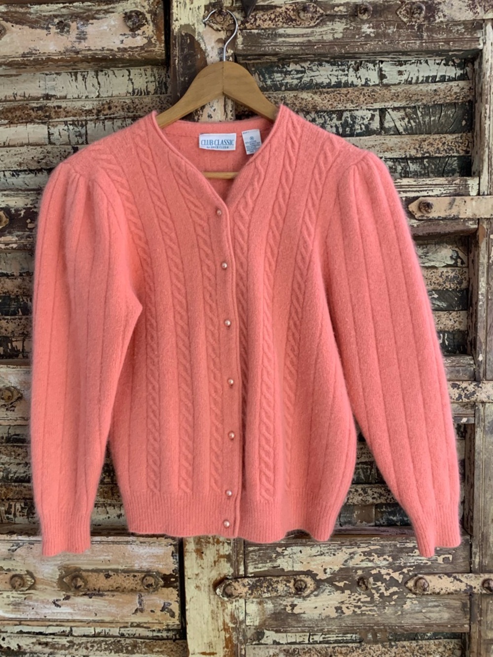 Club Classic Coral Pink Cable Knit Angora Lambswool Cardigan Sweater, Preppy, M